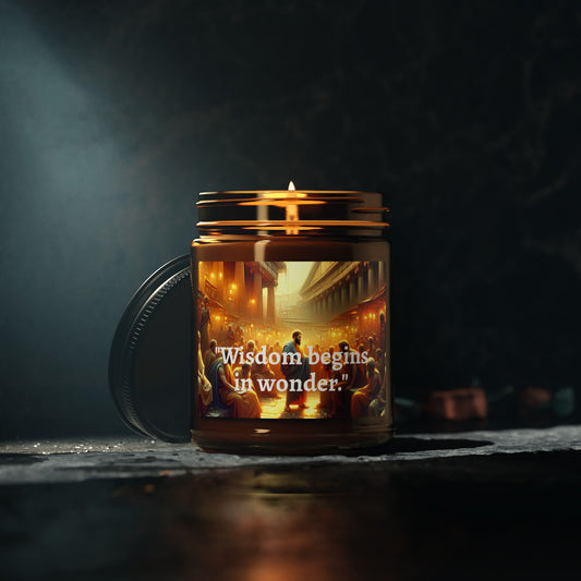 "Wisdom Begins in Wonder" Soy Candle – Socrates Quote (Multi-Size, Amber Jar)